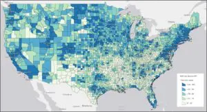 US map displaying estimated household spending on veterinary services relative to the U.S. average (indexed to 100)