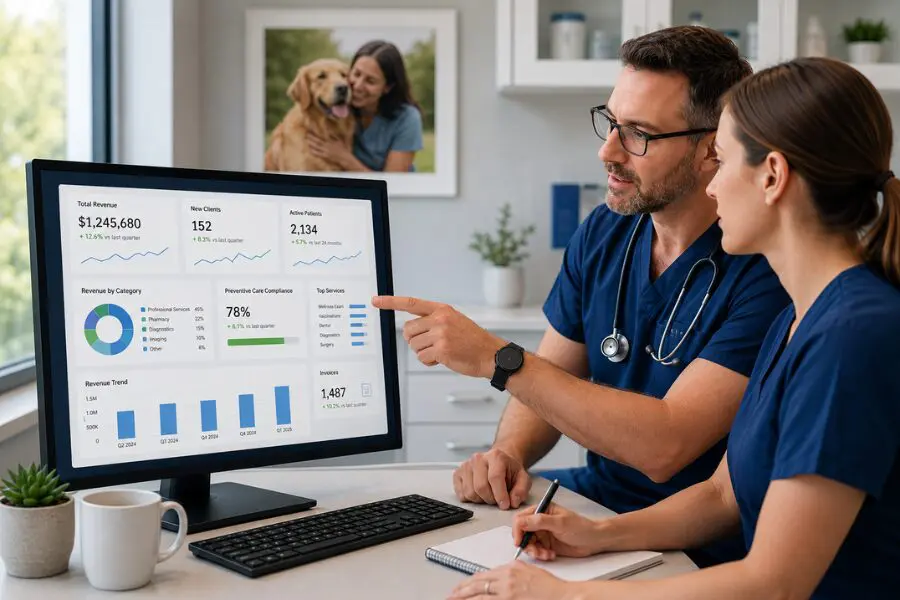 Veterinary team reviewing practice management analytics and operational reporting data in a modern veterinary clinic.