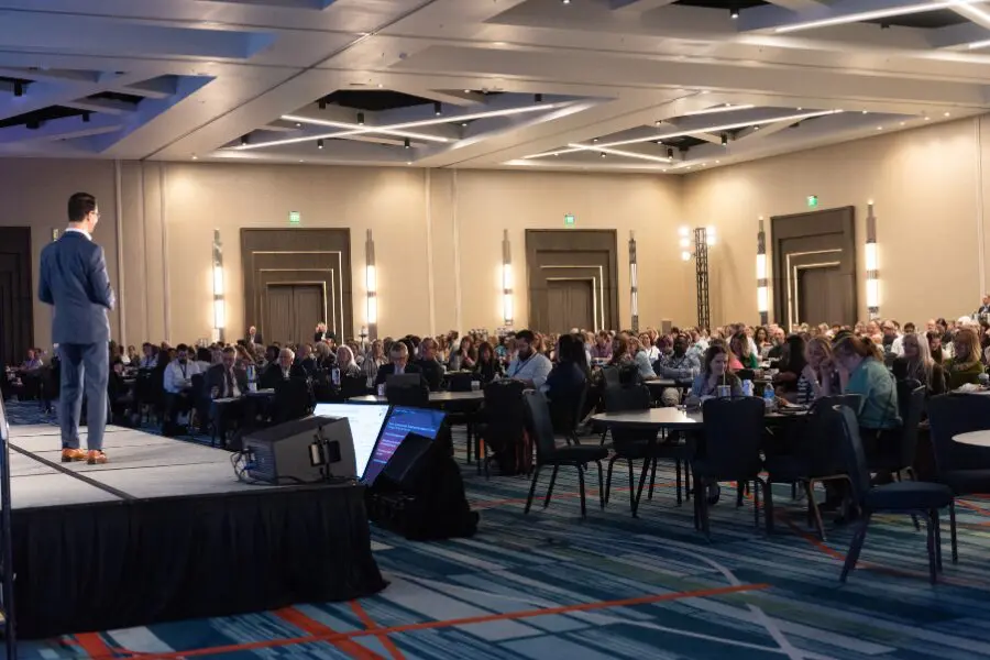 VMG President Matt Salois, PhD, addresses a packed ballroom of independent veterinary practice owners at VMG Congress 2026